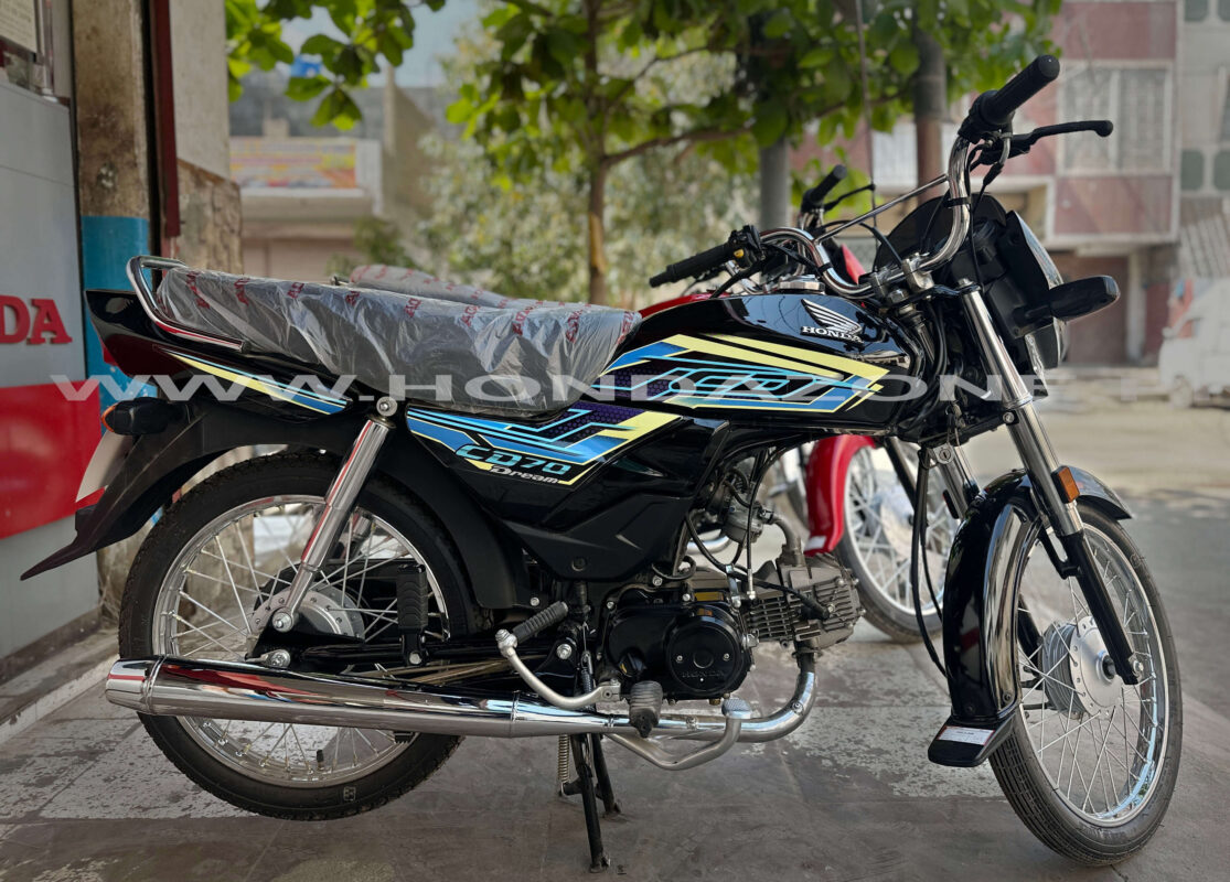 Honda CD70 Dream 2026 Black model with stylish graphics parked in Pakistan