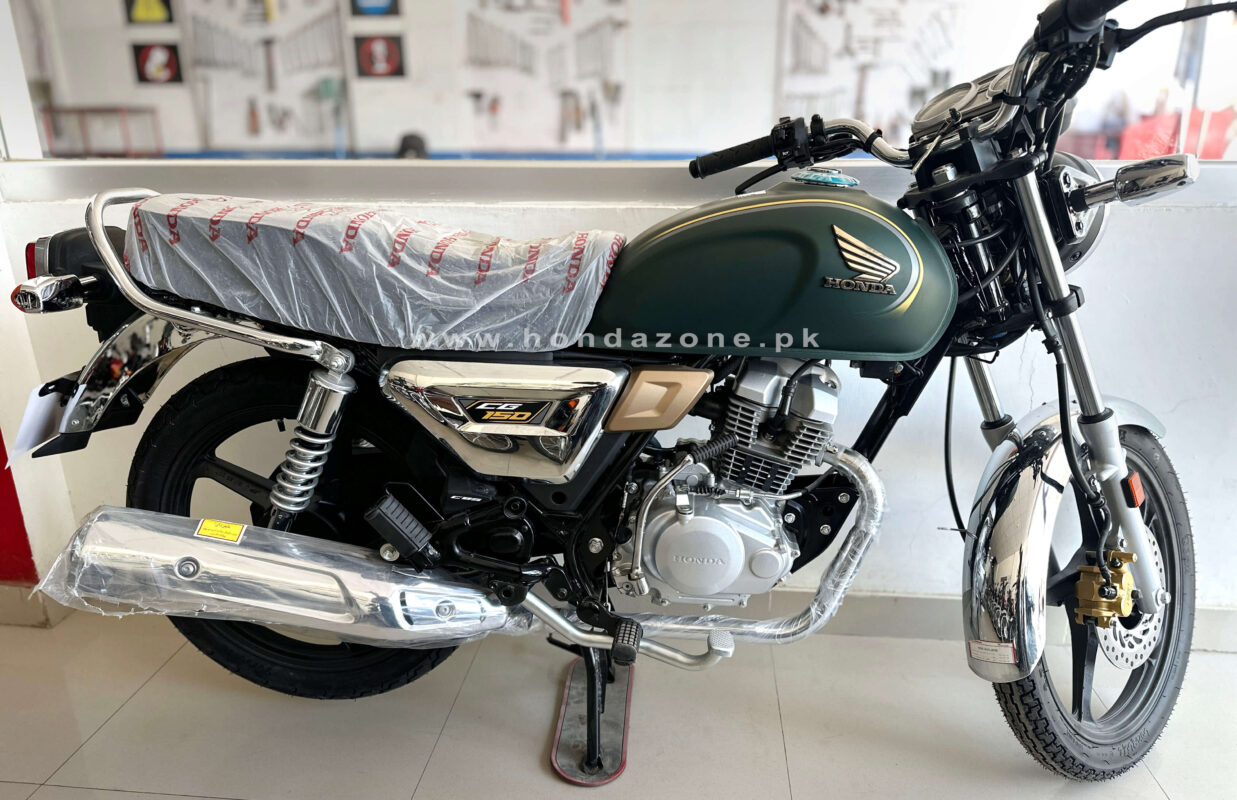 Honda CG150 2026 Green color model with sporty graphics parked in showroom